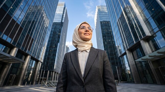 A confident professional woman wearing a hijab standing in the middle of a modern corporate financial district with tall glass skyscrapers reaching towards the bright blue sky
