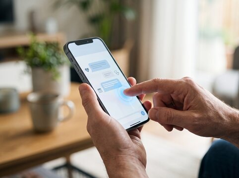 Close-up of a person using a smartphone to send text messages while relaxing in a cozy home living room environment during the day