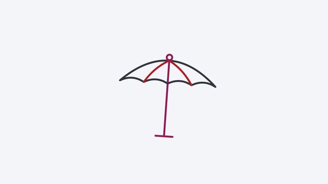 Seamless 4K looping animation of a flat beach umbrella icon in purple and violet, centred on a clean light background with plenty of copy space. Simple two tone vector shapes and smooth motion. Horizo