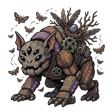 Ancient Runic Stone Golem Beast Creature with Clockwork Gears and Flying Moths