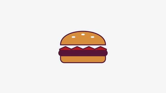 Animated flat burger icon in a minimal vector style, orange and amber on a bright light background. Smooth 4K seamless loop with the symbol isolated in the centre of the frame, leaving room for text. 
