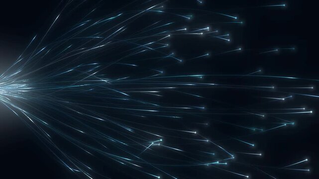 Fiber optic cable bundle splaying with glowing light pulses and lit fiber tips, telecom network background, seamless loop in bright cyan tones