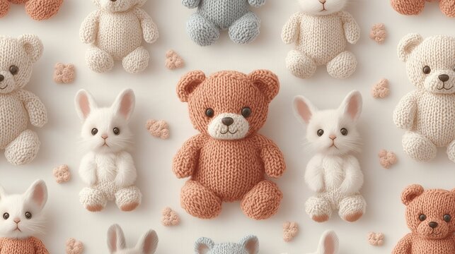 Seamless Pattern knitting style featuring adorable knitted teddy bears, bunnies, kittens, and puppies, soft pastel yarn texture, cute handmade aesthetic, realistic textile photo style