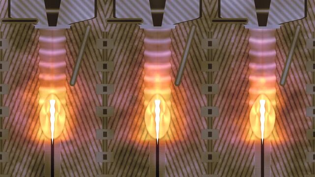 Laser welding keyhole cross section with vapour cavity, molten pool and solidification ripples along a vertical seam in bright heat tones