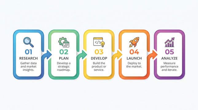 Business process five step infographic chart with research and analysis icons.