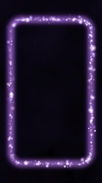 Light particles gathering into a frame border then dispersing again on black background, overlay element in bright violet tones vertical 9:16
