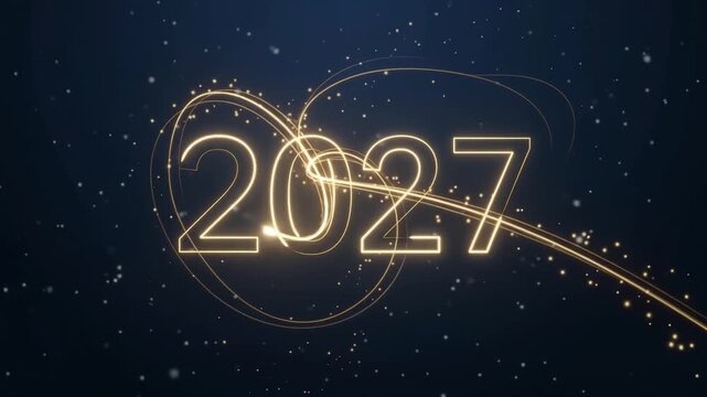 Glowing gold light streaks trace the numbers 2027 against a dark blue background with falling snowflakes in a festive New Year celebration motion graphic