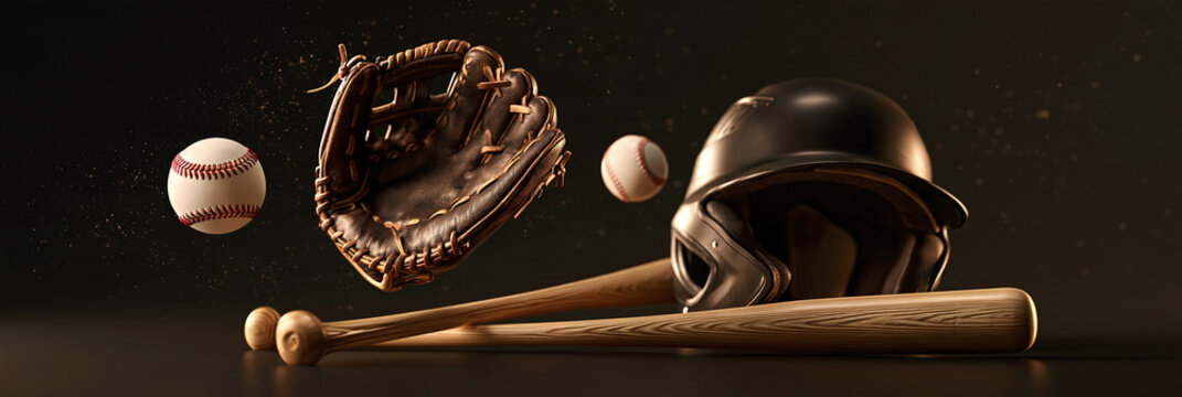 Baseball gear rests in dramatic studio lighting. Two balls float near a worn glove and helmet. Bats lie crossed beneath the equipment. Dark backdrop emphasizes texture and motion