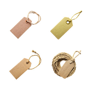 Collection of various blank paper price tags with strings isolated on transparent background
