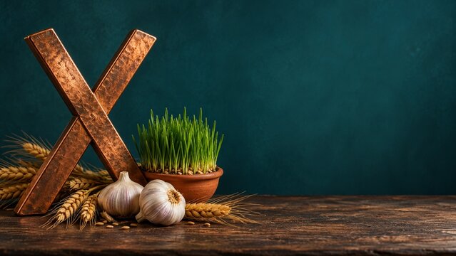 Romanian Saint Andrew Day setup with sprouted wheat in clay pot fresh garlic bulbs and copper saltire cross on wooden surface