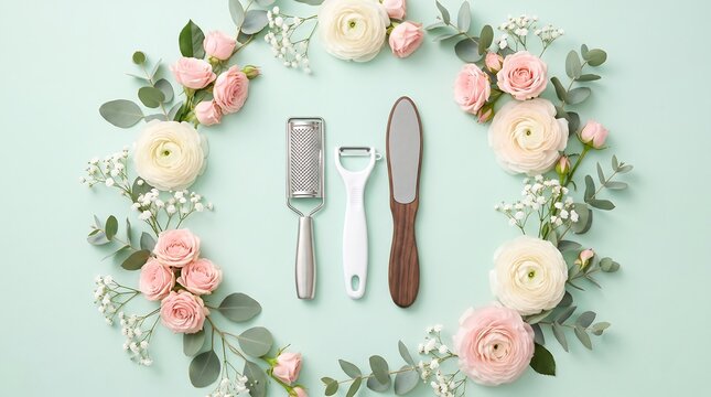 Elegant kitchen tools arranged with fresh flowers and greenery on light background