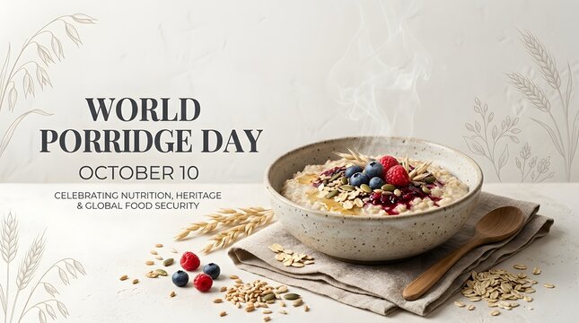 Bowl of healthy oatmeal porridge with berries and nuts for world porridge day