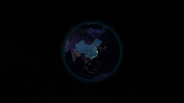 China night globe. City lights, zoom, spin, outline glow, pullback, ring reveal for China. Elements of the animation furnished by NASA.