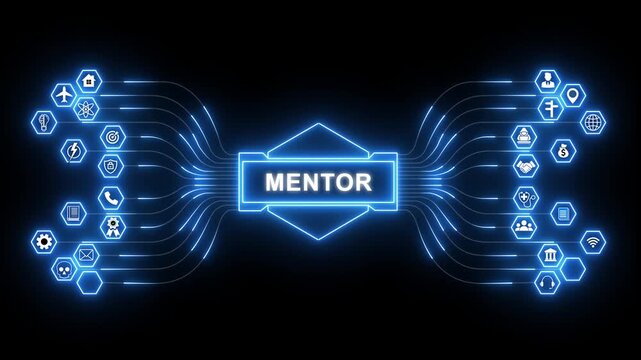 Mentorship network animation with glowing data connections and technology icons, digital guidance and professional development concept