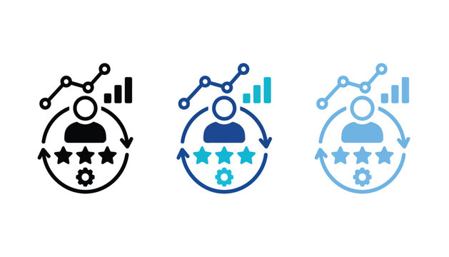 Set of human resources and business management icons with people, charts, stars, and process symbols