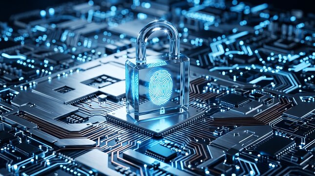 Fingerprint secured lock on high tech circuit board illustration