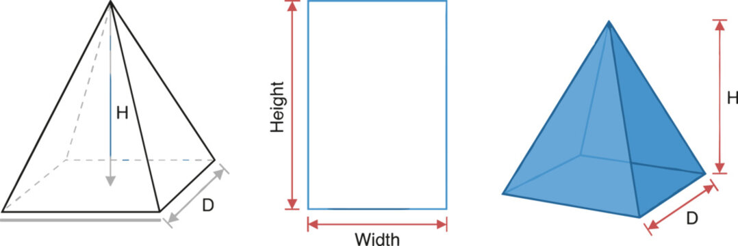 3D pyramid geometry diagram showing height width depth measurement parameters for mathematics education school lesson illustration
