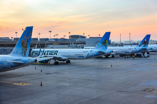 Frontier Airlines Aircraft at Philadelphia International Airport at Sunrise