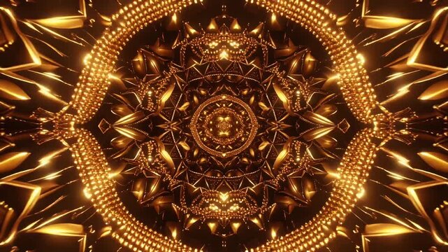 Golden geometric mandala patterns rotating with glowing particles and intricate ornate light reflections 4K Generative AI