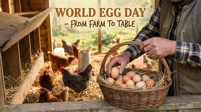 Farmer holding a basket of fresh eggs in a chicken coop at the farm