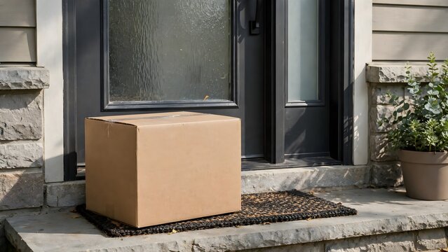 Cardboard delivery box left on a residential front porch doorstep for