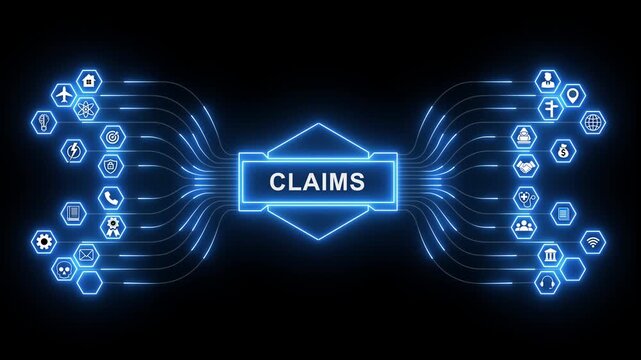 Insurance claims network animation with glowing data connections and technology icons, digital claims processing and verification workflow concept