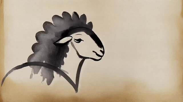 Traditional Japanese Sumi-e Ink Wash Animation of a Sheep Forming on Vintage Parchment Paper Background 4K Generative AI