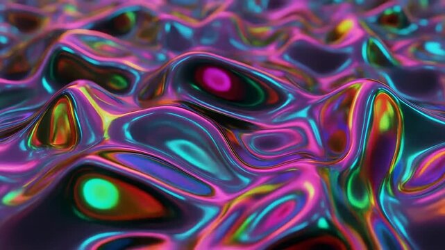 Iridescent liquid metal surface with flowing waves and glowing holographic reflections in purple and blue 4K Generative AI