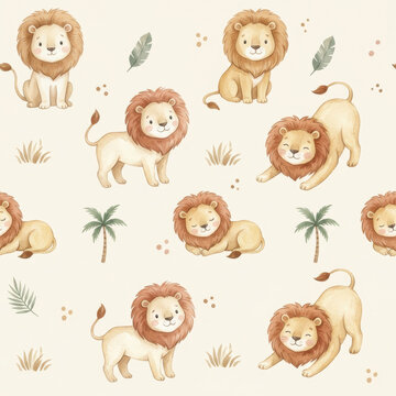 Cute baby lion seamless pattern, watercolor nursery jungle background with little lion cubs and palm trees for kids fabric