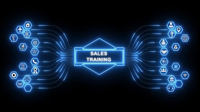 Sales training network animation with glowing data connections and technology icons, digital learning and revenue skill development concept