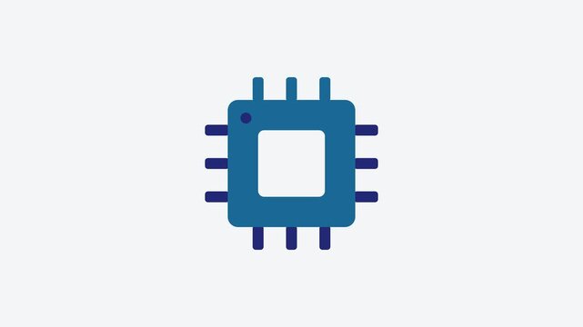 Animated flat cpu chip icon in a minimal vector style, blue and azure on a bright light background. Smooth 4K seamless loop with the symbol isolated in the centre of the frame, leaving room for text. 