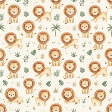 Cute baby lion seamless pattern, watercolor nursery jungle background with little lion cubs and palm trees for kids fabric