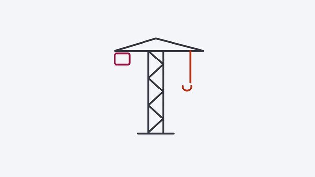 Animated flat crane tower icon in a minimal vector style, red and crimson on a bright light background. Smooth 4K seamless loop with the symbol isolated in the centre of the frame, leaving room for te
