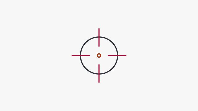 Seamless 4K looping animation of a flat crosshair icon in red and crimson, centred on a clean light background with plenty of copy space. Simple two tone vector shapes and smooth motion. Horizontal 16