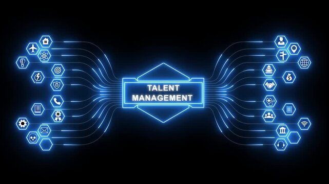 Talent management network animation with glowing data connections and technology icons, digital workforce development and performance strategy concept