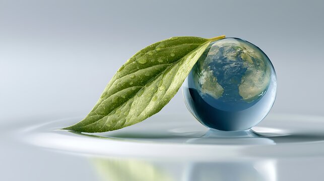 A clean conceptual composition of a water drop resting above a reflective white surface, containing a leaf and tiny planet earth,