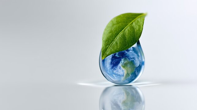A clean conceptual composition of a water drop resting above a reflective white surface, containing a leaf and tiny planet earth,