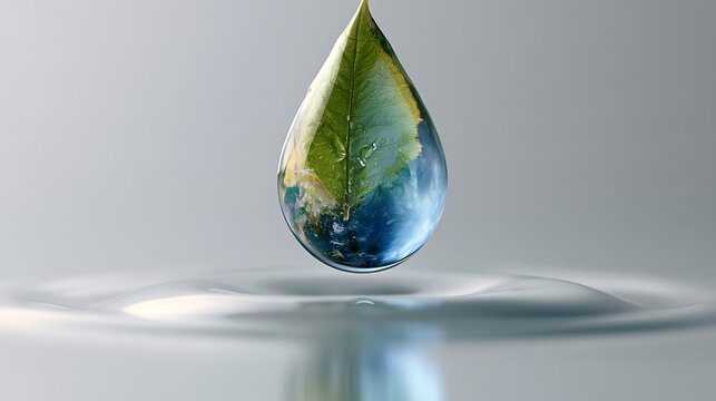 A clean conceptual composition of a water drop resting above a reflective white surface, containing a leaf and tiny planet earth,