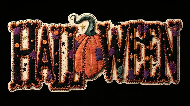 Halloween word art featuring stitched fabric and pumpkin design