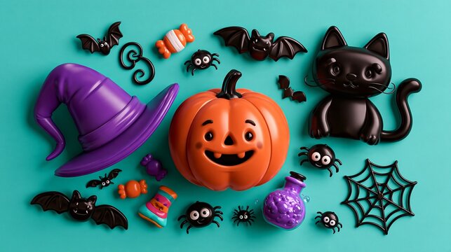 Halloween collection with smiling pumpkin and witch hat