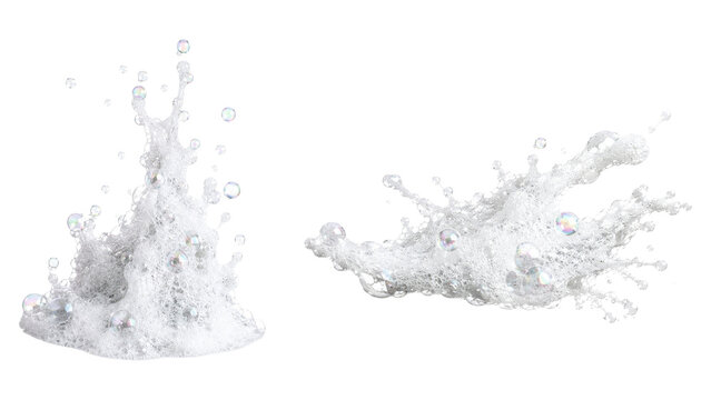 Two realistic water and soap foam splashes with bubbles isolated on transparent, showing dynamic motion, droplets and glossy transparent liquid textures