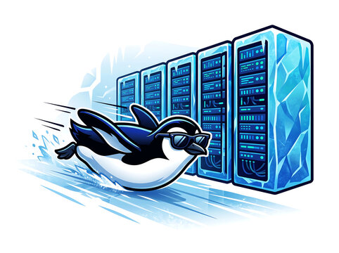 Cool penguin with sunglasses speeding past ice-encased servers, representing fast and efficient data processing in a modern data center environment.