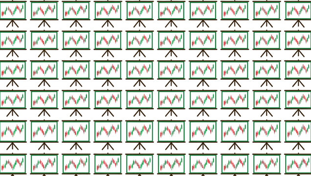 Seamless pattern of presentation projector screens showing candlestick stock market charts arranged in neat geometric rows