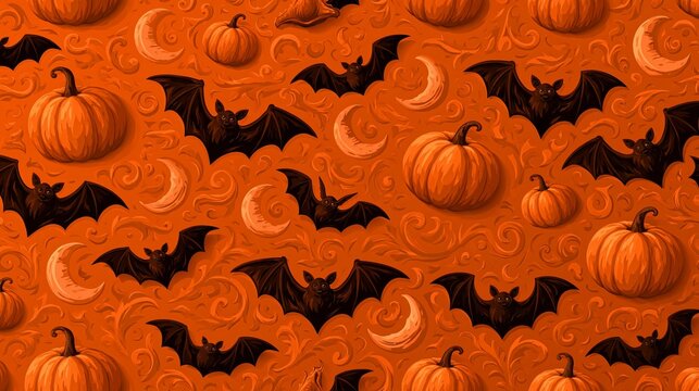 Seamless halloween pattern with bats, pumpkins, and moons