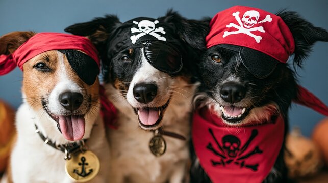 Three happy dogs wearing pirate halloween costumes and eye patches