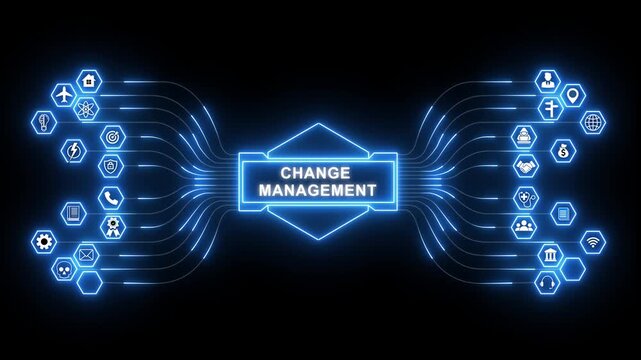 Change management network animation with glowing data connections and technology icons, digital transformation strategy and organizational process concept
