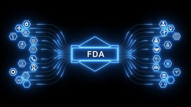 Doctor working on virtual touch screen presses abbreviation: FDA. Food and Drug Administration ( FDA ) Department Service Medical Concept on a black background for healthcare regulation technology