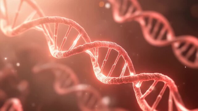 Glowing red DNA double helix rotating slowly against a soft bokeh particle background in space 4K Generative AI