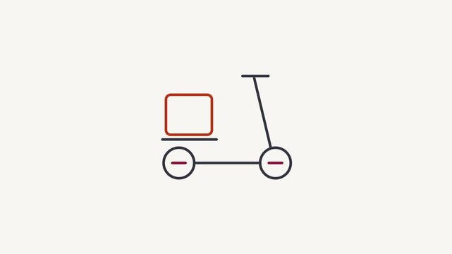 Seamless 4K looping animation of a flat delivery scooter icon in red and crimson, centred on a clean light background with plenty of copy space. Simple two tone vector shapes and smooth motion. Horizo