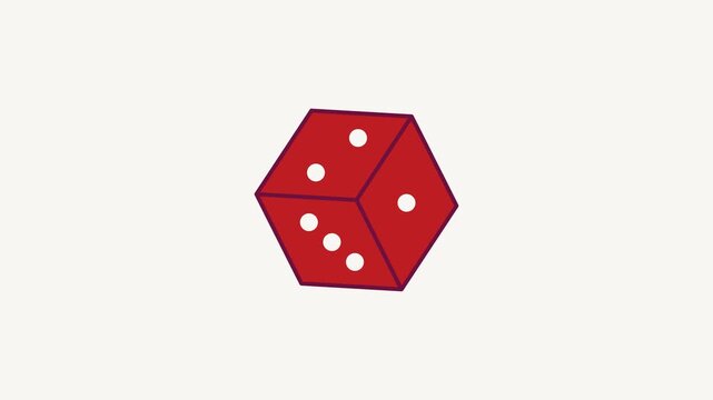 Animated flat dice cube icon in a minimal vector style, red and crimson on a bright light background. Smooth 4K seamless loop with the symbol isolated in the centre of the frame, leaving room for text